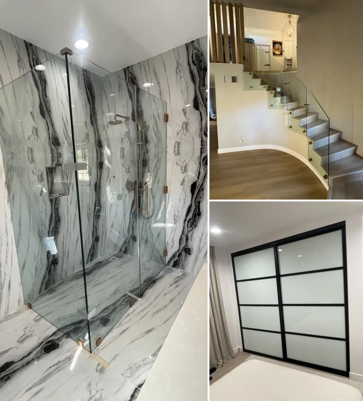 Three LA Glass installations: a marble shower enclosure, a curved glass stair railing, and black-framed frosted closet doors